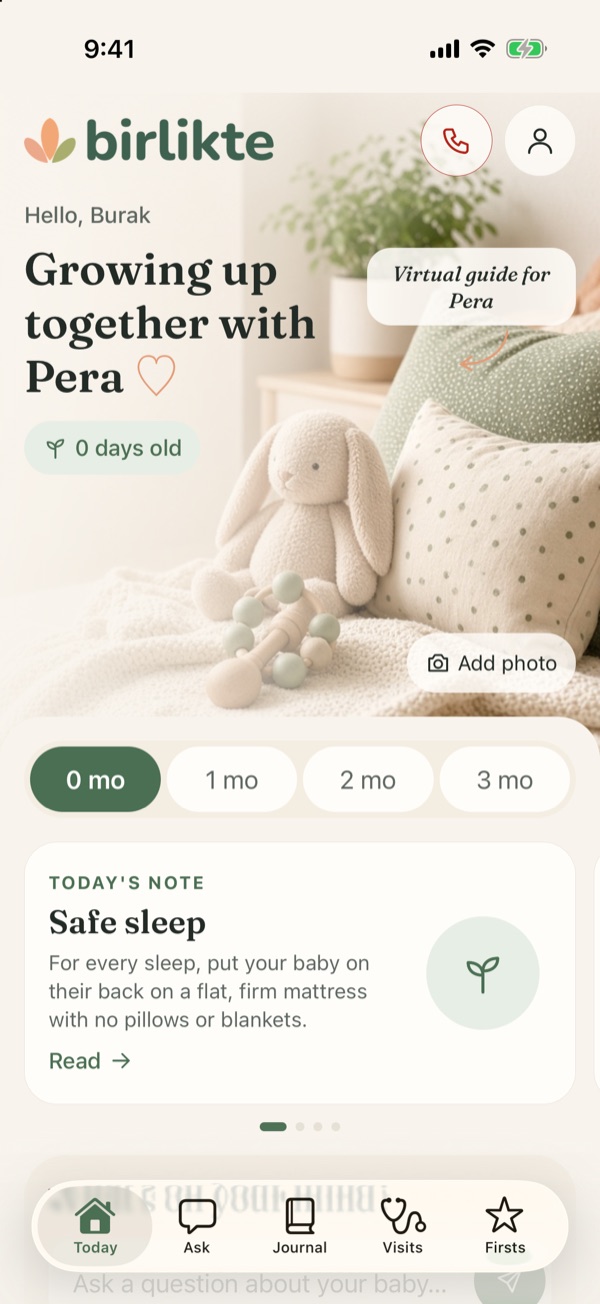 Birlikte home screen: “Growing up together with Pera” and today’s note